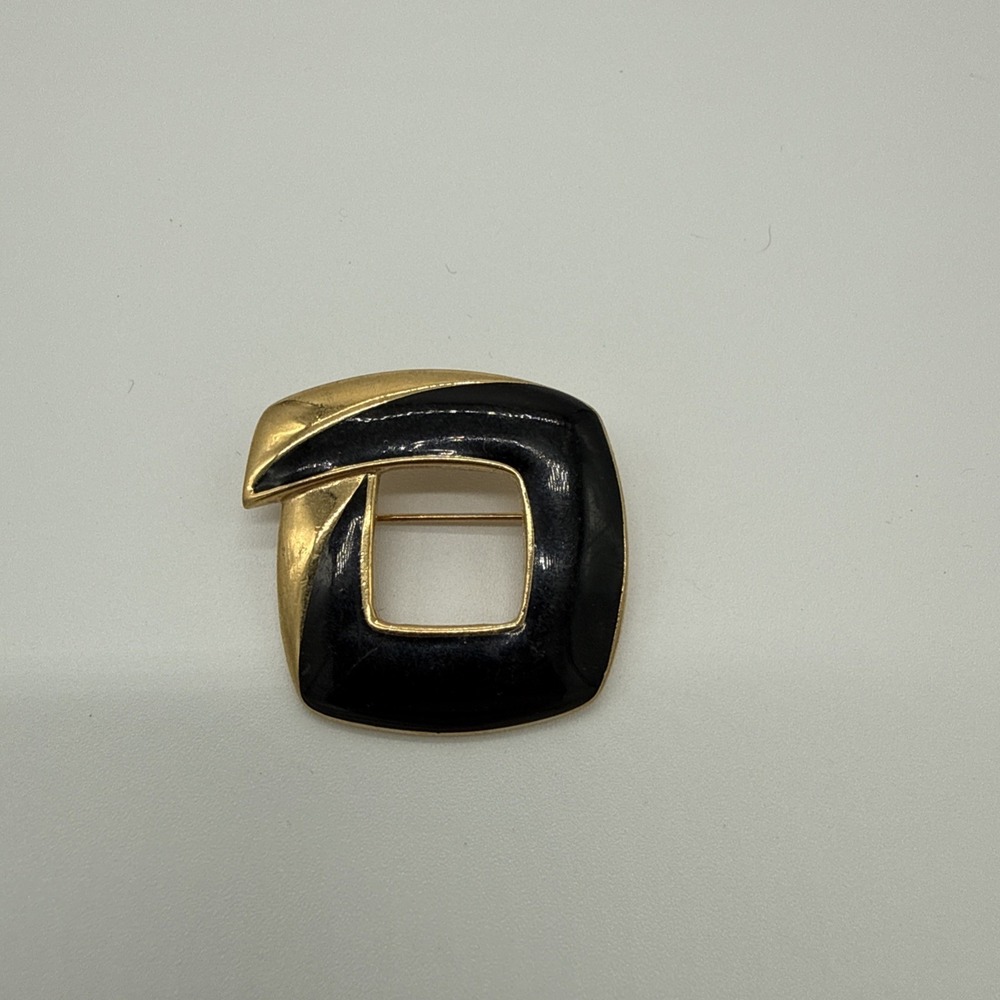 Vintage Monet Gold Tone Black Enamel Open Cut Out Square Pin Brooch Retro